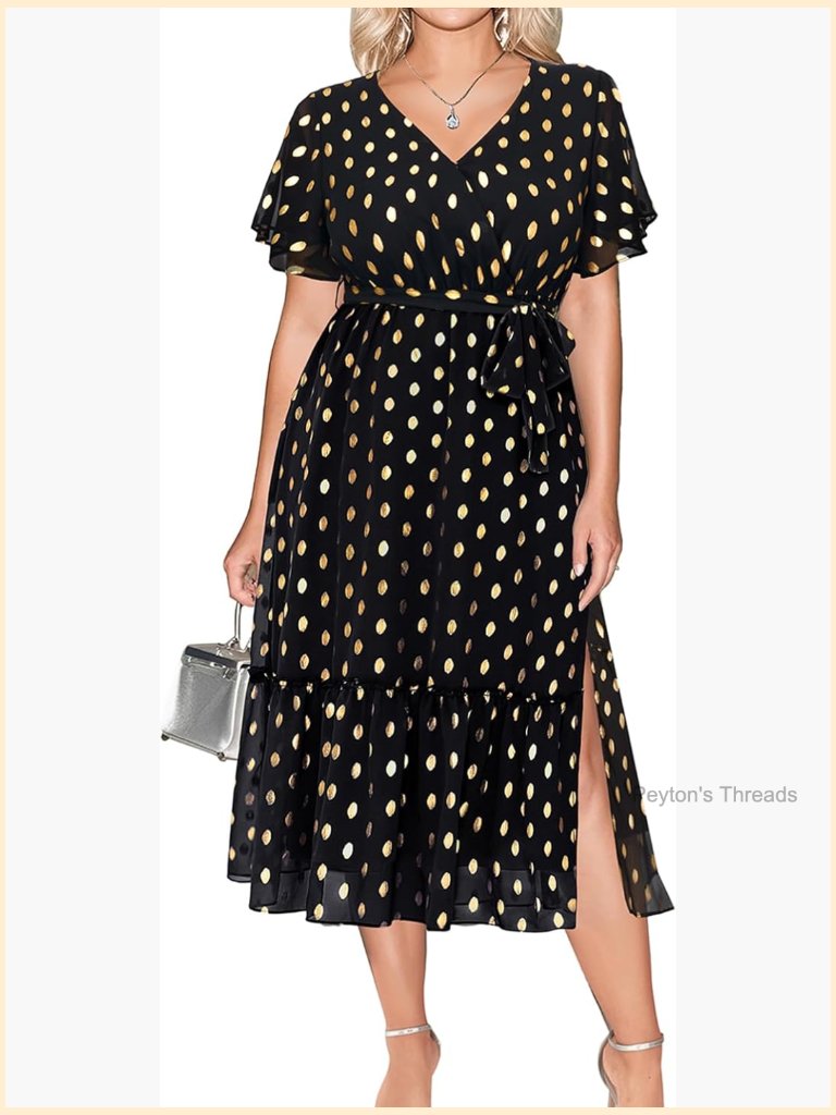 Plus Size Midi Dress With Gold Dots - Wedding Guest Semi Formal Cocktail